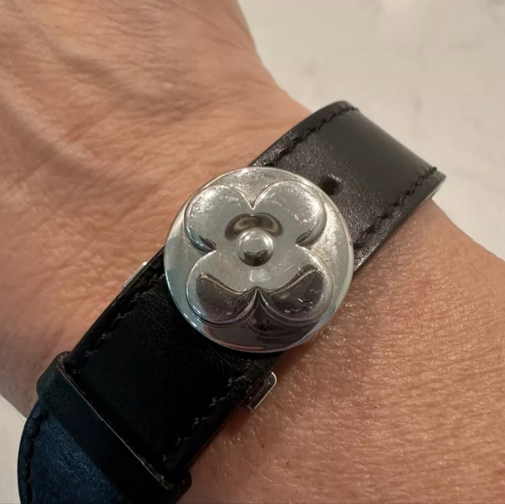 Louis Vuitton Black Leather & Stainless Steel "Wish" Cuff Bracelet Auth/ ❤️